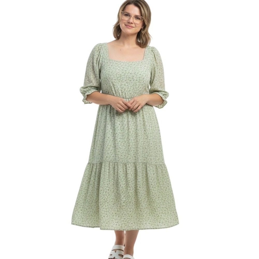 Orange Creek Dress Womens XL Green Floral Forest Fairy Prairie Cottagecore Midi
